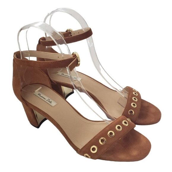 MASSIMO DUTTI Brown Shoes Cognac Gold Suede Peep Toe Block Heel Womens Size 6.5 - Picture 1 of 8